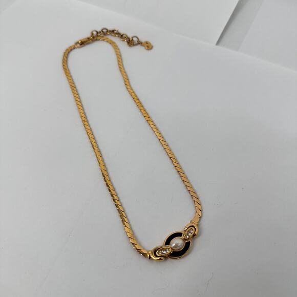 Christian Dior Vintage 1970s Oval White Pearl Black Enamel Crystals Necklace - Picture 4 of 7